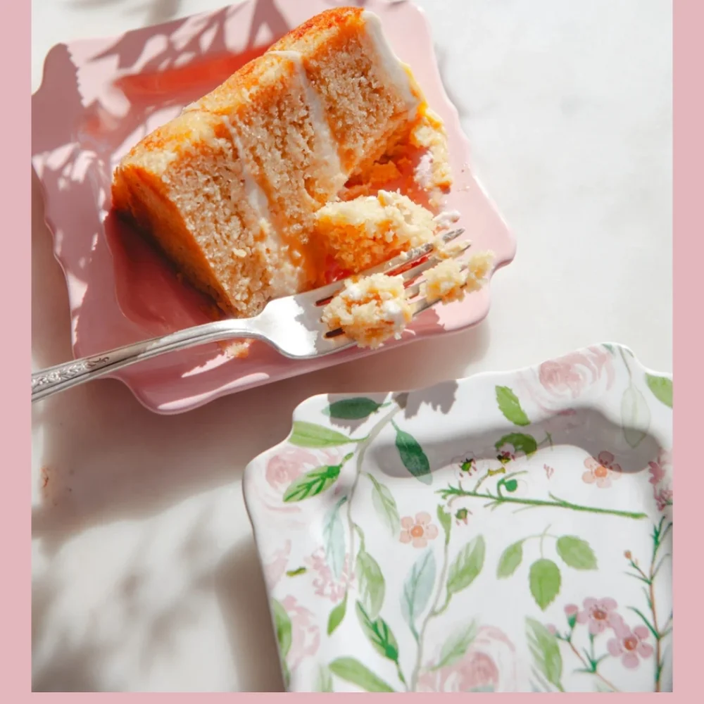 Pink Floral Ceramic Square Dessert Plates - Set of 4